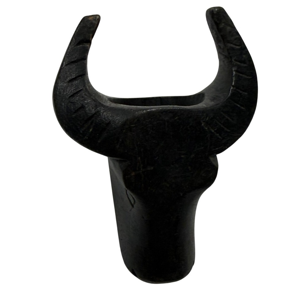 Vintage Hand Carved Wood Bull Head Figurine Rustic Dark Brown Horned Sculpture